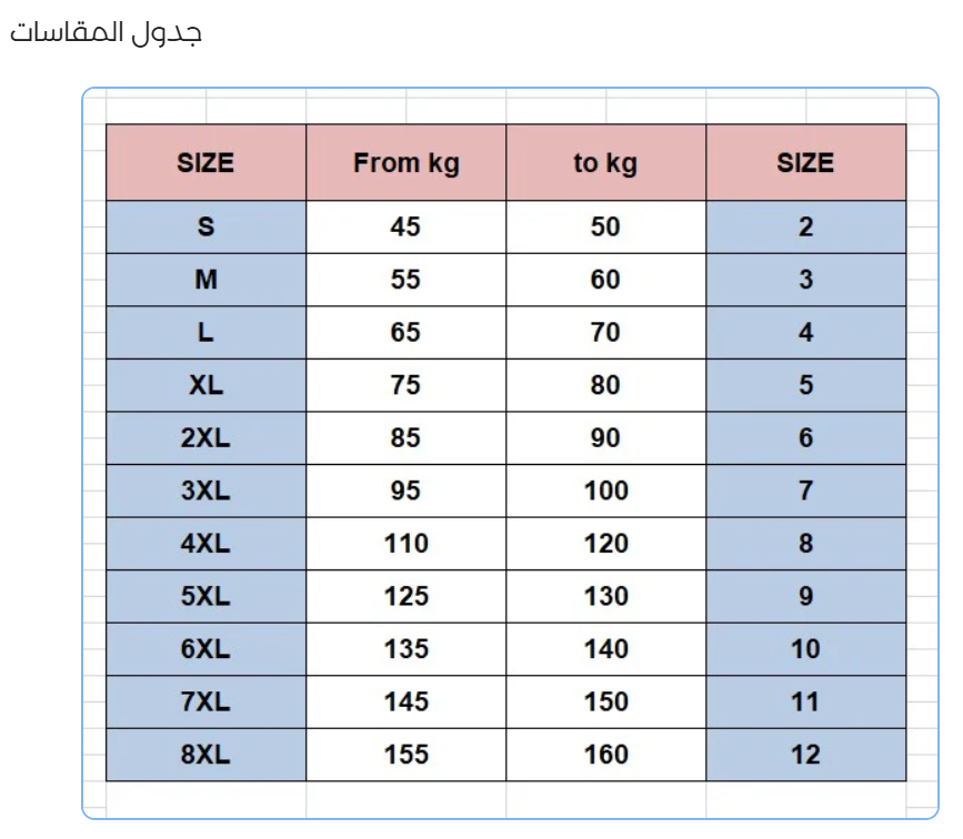 جدول المقاسات قطونيل